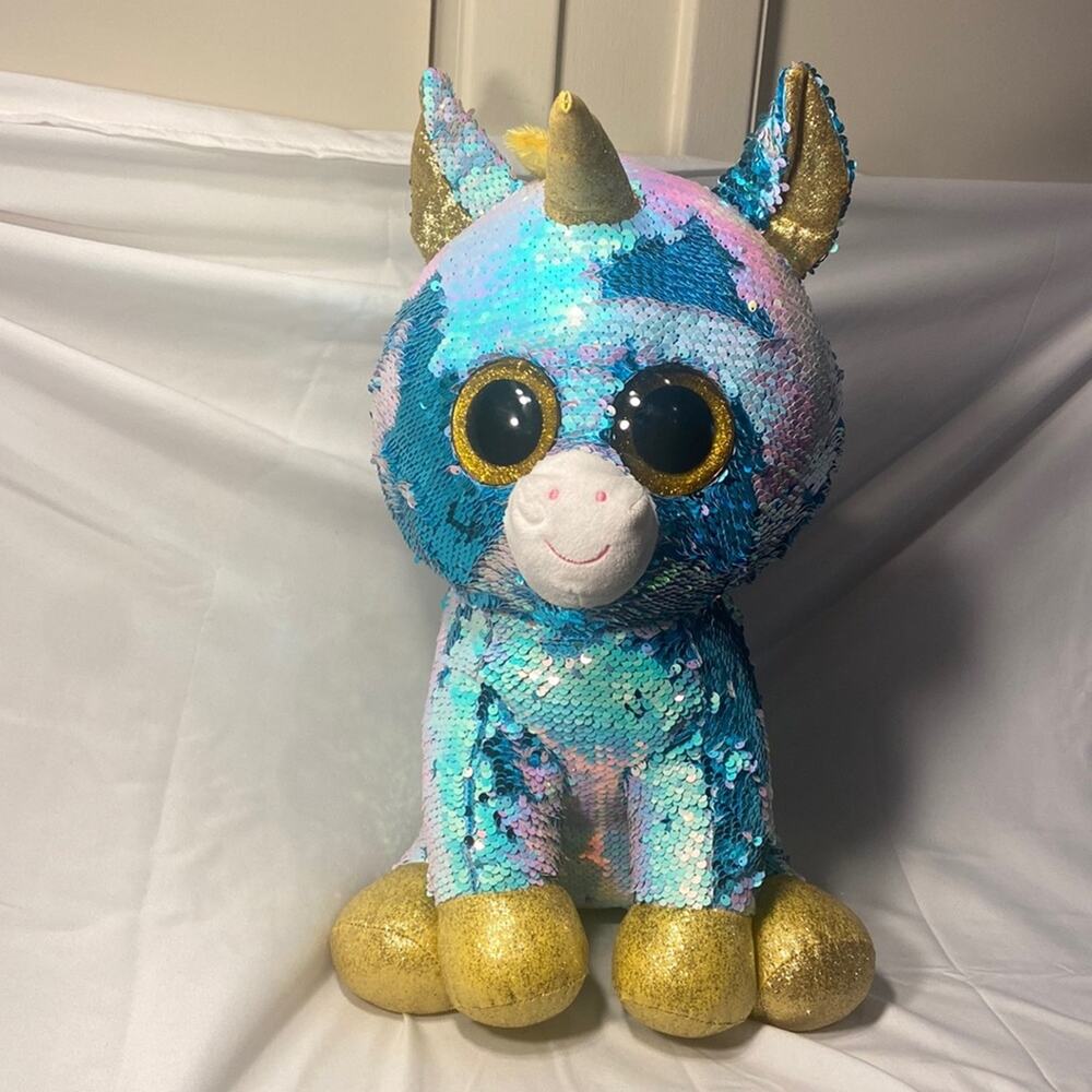 Ty Beanie Boo Dazzle Blue White Flip Sequin Unicorn Stuffed Animal Flippable 17"